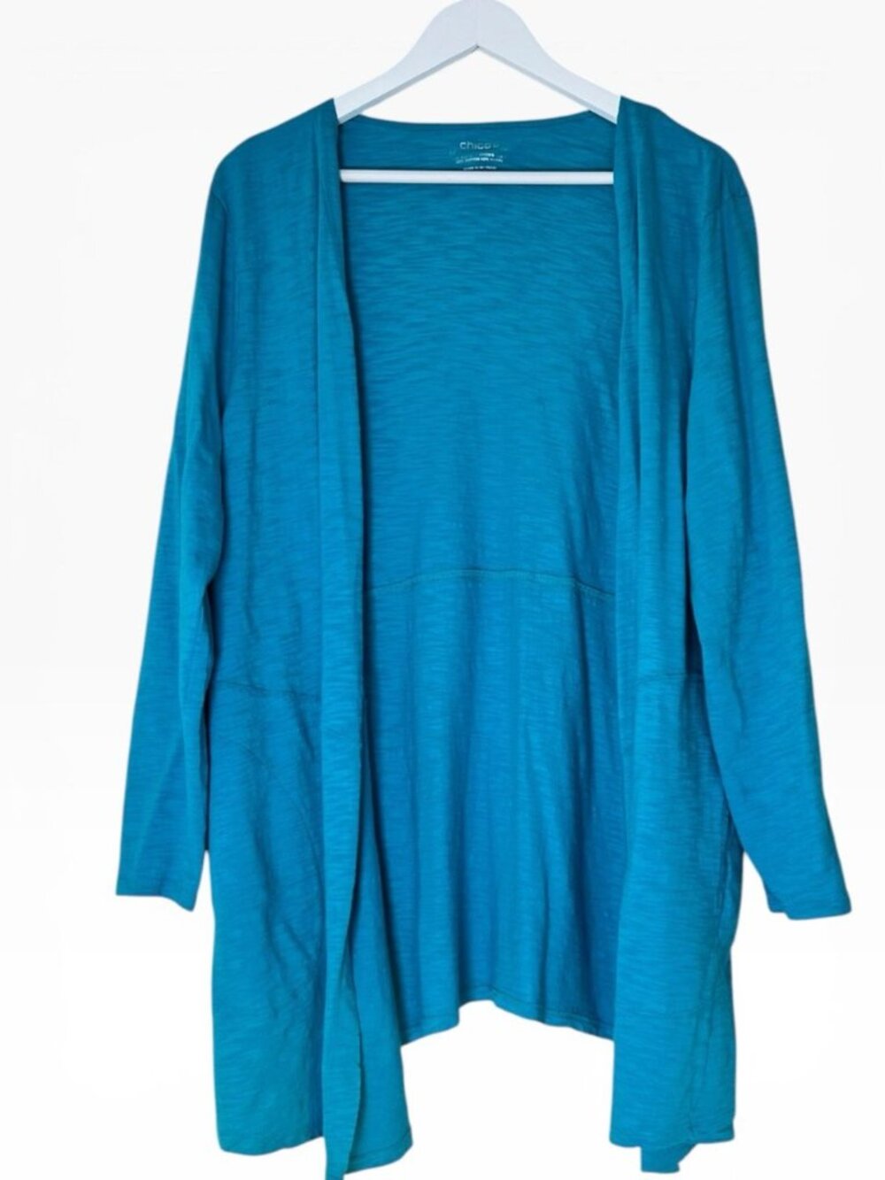 Chicos Ultimate Tee Cardigan Sweater XL Blue Slub Knit Open Front Pockets